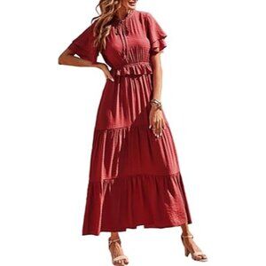Pretty Garden Multi Tiered Long Dress Ruffled Sleeves Keyhole Neck Layer…